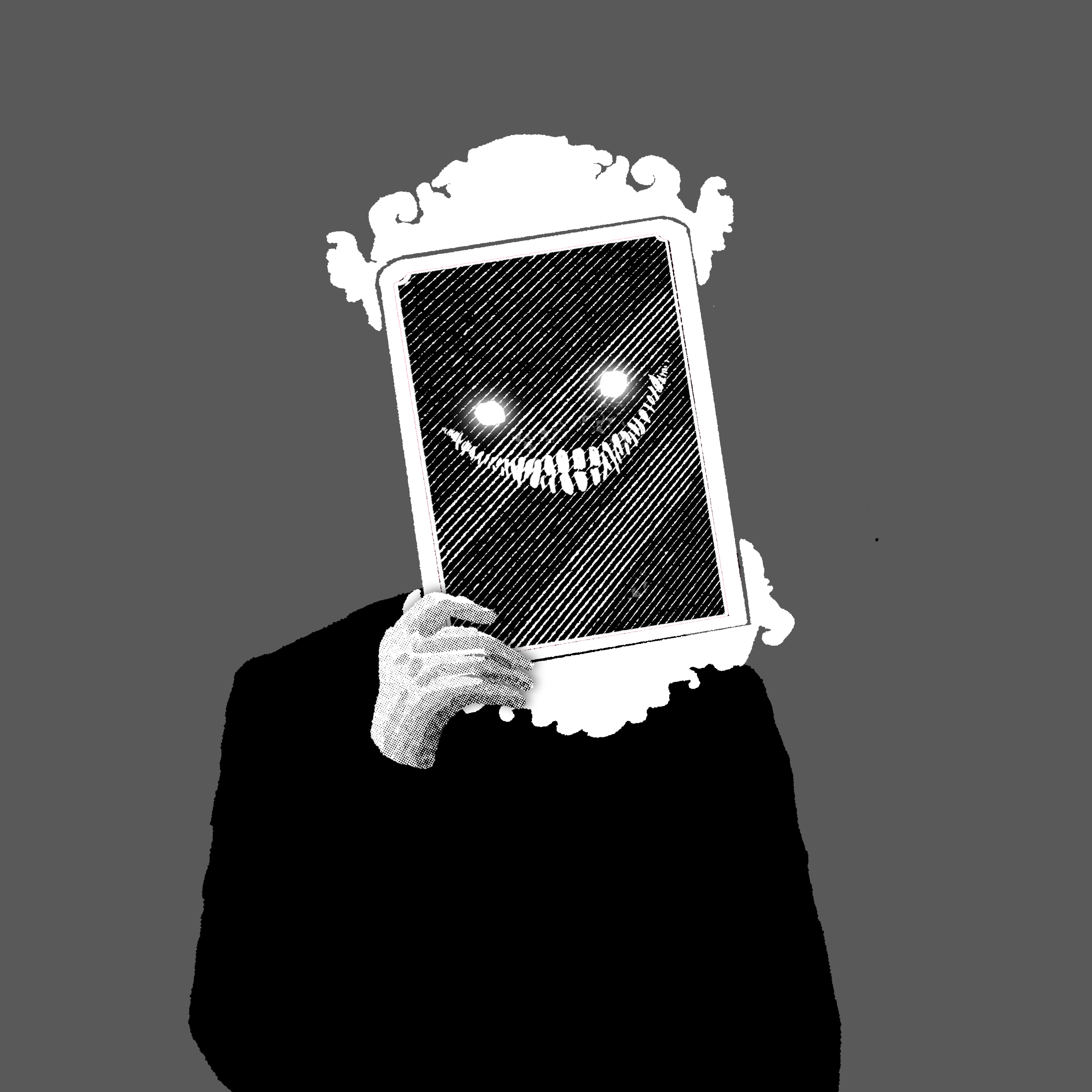 An animated image of a person holding up a mirror in which is reflected glowing eyes and a sharp toothed grin