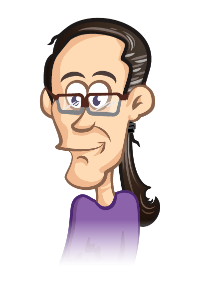 A cartoon version of Scott Kelly wearing glasses and a purple shirt. 