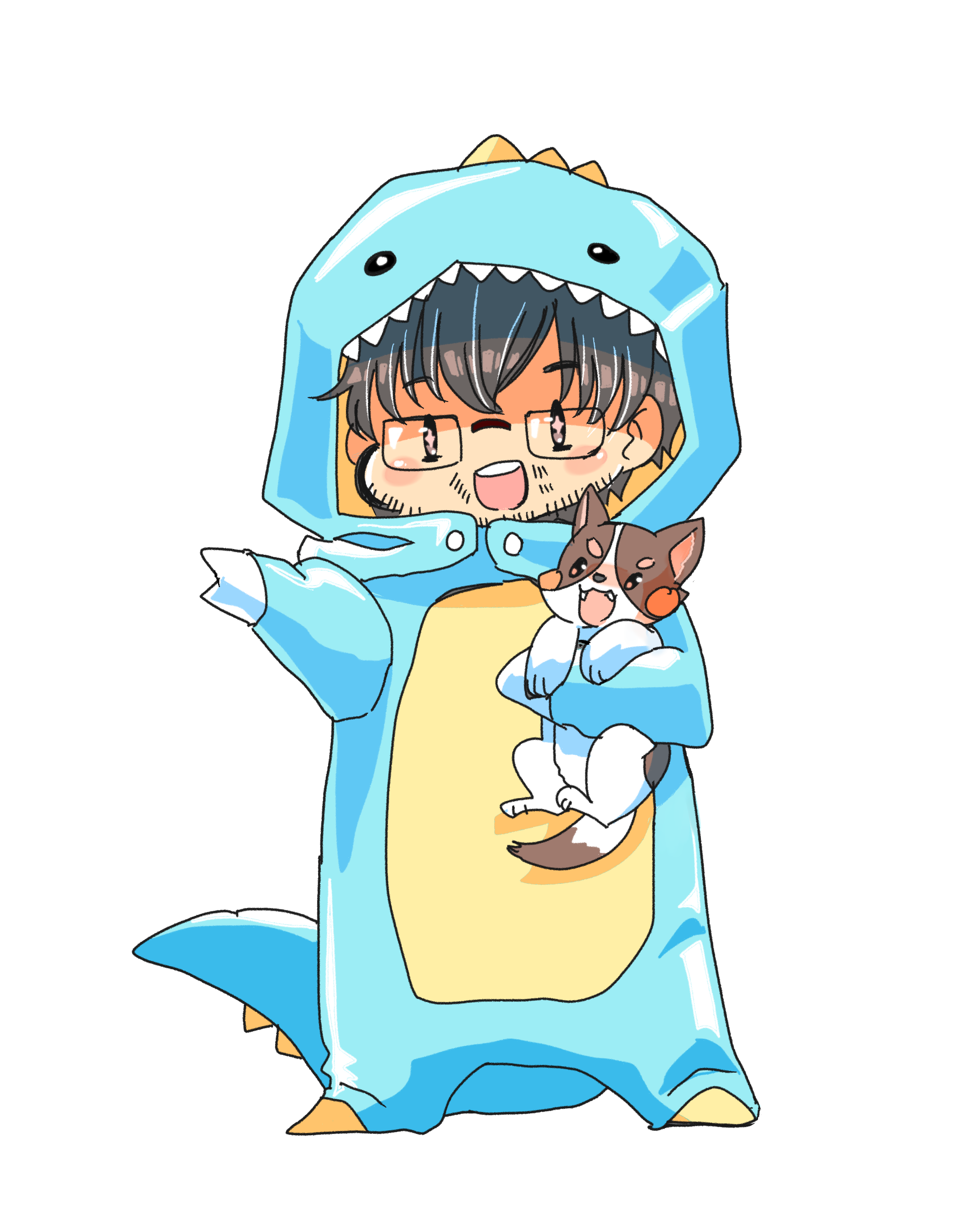 A cartoon version of Derek Chung is dressed in an adorable blue dino onesie. 