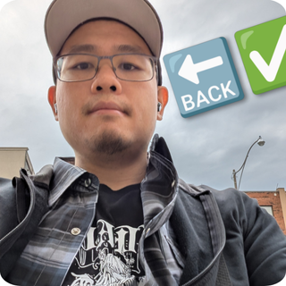 Photo of Christopher Chung with a back arrow and check mark emoji around him.