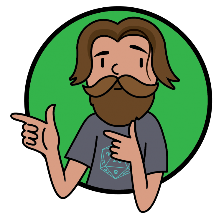A cartoon image of David, with double finger guns and wearing a d20 shirt with the 20 side facing out. His robust beard his a critical hit, and if it were a d20, it would show 20 on every side.
