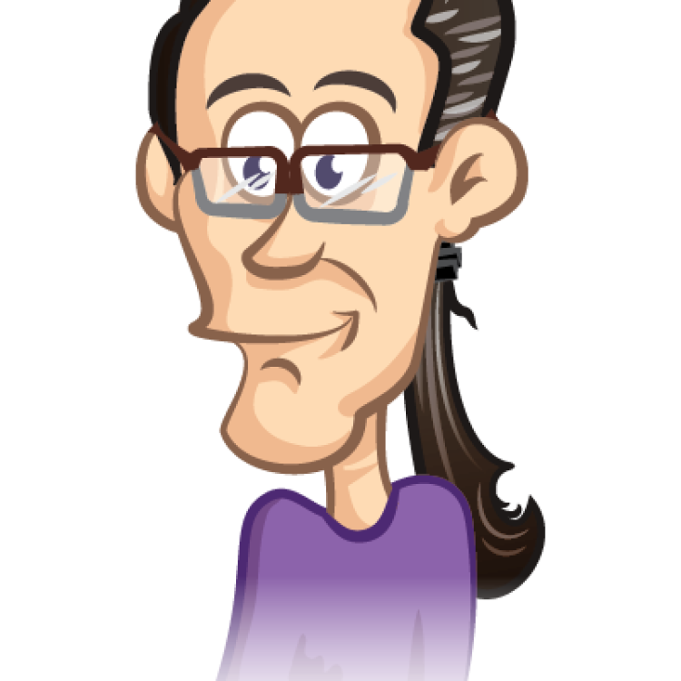 A cartoon version of Scott Kelly wearing glasses and a purple shirt. 