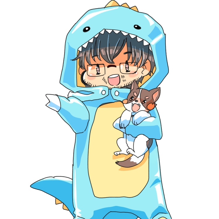 A cartoon version of Derek Chung is dressed in an adorable blue dino onesie. 