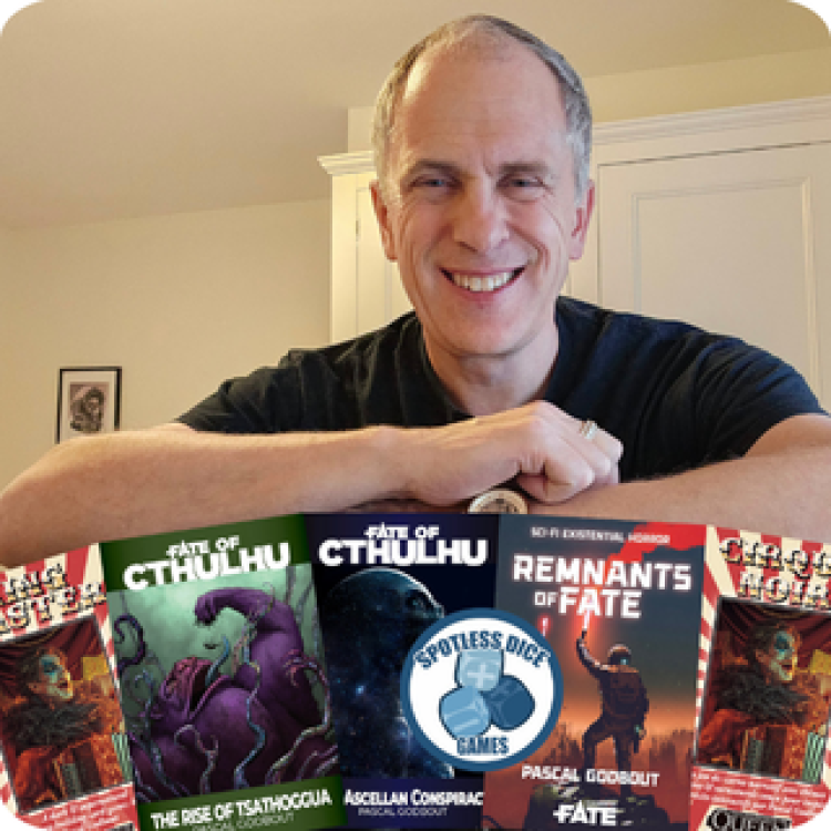 Pascal Godbout standing behind some of his most popular titles, including Fate of Cthulhu and Ringmaster.